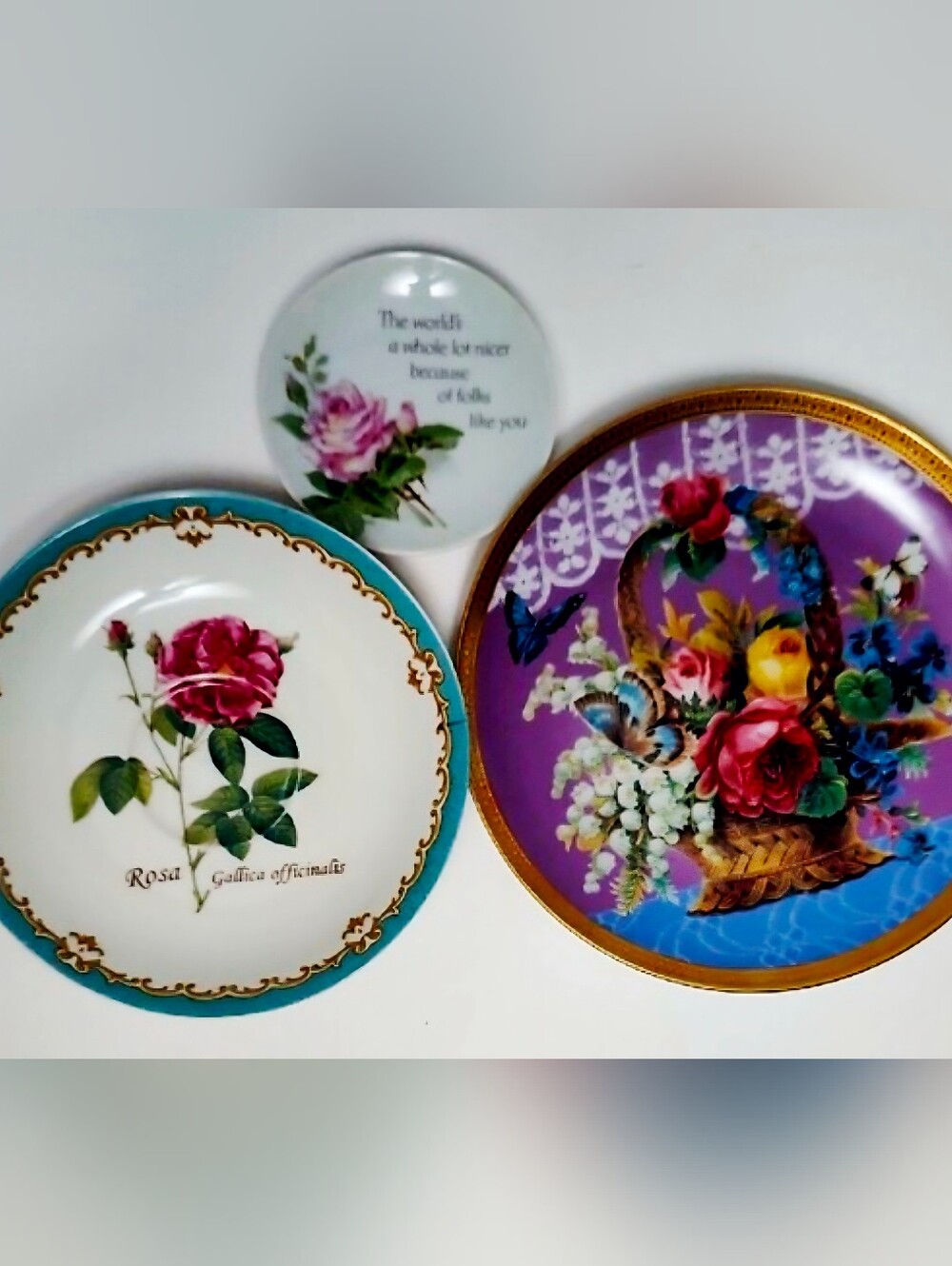 3 Vintage Floral Rose Decorative Plates  Kent Pottery, Formalities, Vanderbuilt